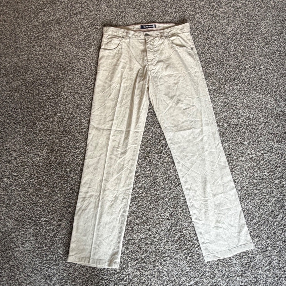 Alberto Modern Fit Linen Stretch Pants Mens 34x34 Beige Cotton Blend Trousers
